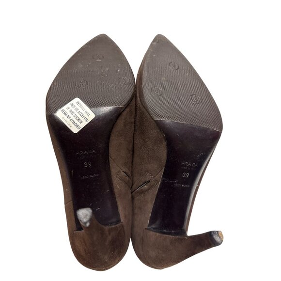 Prada Women's Vero Cuoio Bootie Heeled Zip Brown Suede Italy Size EU 39 US 8 - Picture 10 of 11